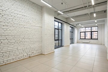 Empty modern loft office space with white brick wall and large windows