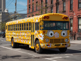 Colorful cat-like school bus drives on a sunny day