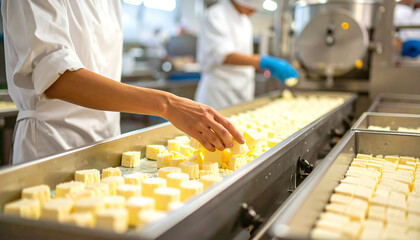 Cheese production line workers carefully arrange blocks of cheese onto a conveyor belt in a modern factory.