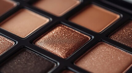 Close-up of warm-toned eyeshadow palette featuring a variety of matte and shimmer brown shades arranged neatly in a stylish compact on a soft background for a modern beauty and makeup concept




