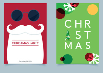 Modern Christmas Party Posters Set Santa Typographic Holiday Design. The other has creative typography with festive icons like snowflakes, baubles, and a Christmas tree