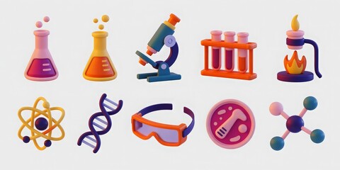 Set of 10 3D science and chemistry icons on a white background, ideal for educational materials, laboratory websites, and scientific research presentations