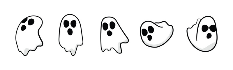 Cute Ghost Vector Icons Set for Halloween, Simple Cartoon Spooky Spirits on White Background