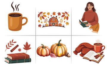 Fall Autumn Clipart Bundle – Cozy Pumpkins, Leaves, Acorns, Mushrooms, Sweaters, Warm Drinks, Hand-Drawn Seasonal Elements for Scrapbooking, Sublimation, Stickers, Crafts & More