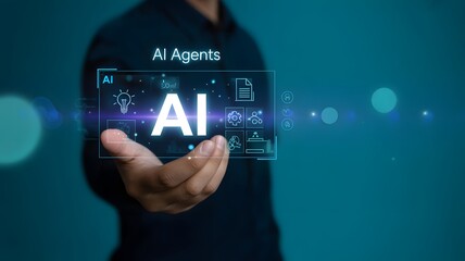 AI Technology: A futuristic AI interface hovering in front of a person's hand, depicting innovation, advanced technology, and human-computer interaction. 
