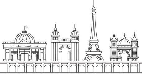 Obraz premium Linear Architectural Skyline with Arches and Towers on a Transparent Background Vector Illustration