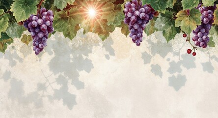 Lush Grape Vines with Ripe Purple Grapes Green Leaves & Sunburst on Rustic Wall Background Copy Space