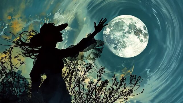A witch reaches out toward the glowing full moon, her silhouette framed by dark foliage and swirling clouds during a night of divination	