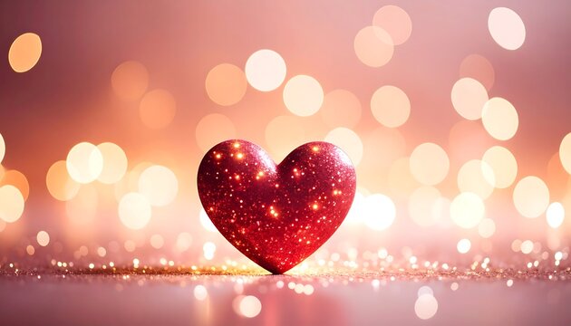 Romantic heart, bokeh lights. A red glitter heart sits on a bed of golden glitter, surrounded by warm, blurred bokeh lights, creating a soft, romantic Valentine's Day ambiance - Powered by Adobe