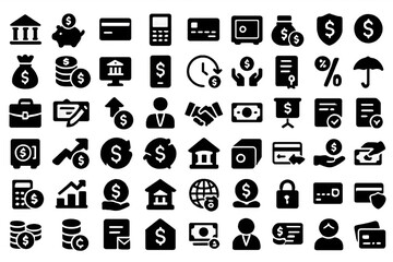 set of currency cons, black filled isolated on white background
