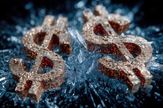 Golden Digital Dollars Shattered Ice Financial Technology Economic Volatility Crisis Concept