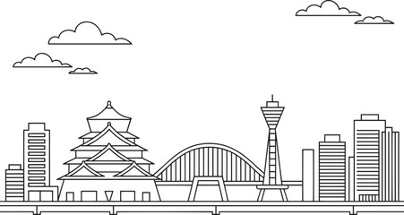 Obraz premium Osaka Japan Skyline Silhouette Vector Illustration with Detailed Landmarks and Cityscape Outline