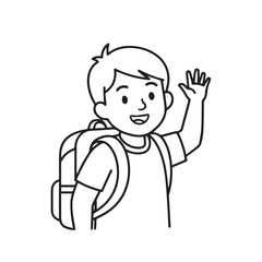Cartoon illustration of a smiling young boy with a backpack waving his hand in a friendly greeting.