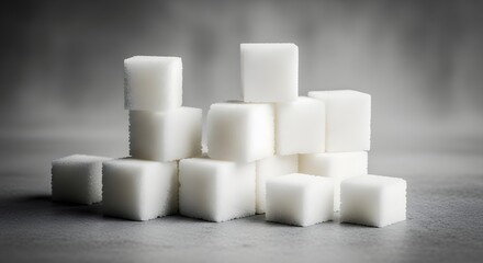 A pile of white sugar cubes stacked on top of each other against a blurred grey background studio shot