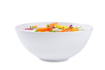 Cucumber red onion mango red bell pepper salad in a bowl on a white isolated background