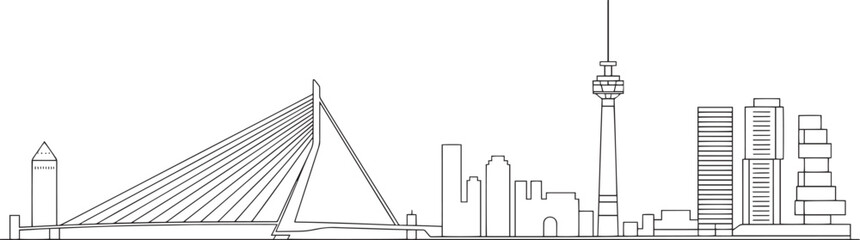 Obraz premium Rotterdam Skyline Silhouette Outline Vector Illustration of Cityscape with Erasmubridge and Euromast