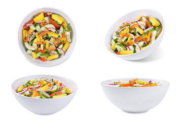 Cucumber red onion mango red bell pepper salad in a bowl on a white isolated background