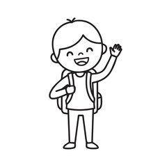 A happy cartoon boy with a backpack stands smiling and waving his hand in greeting.