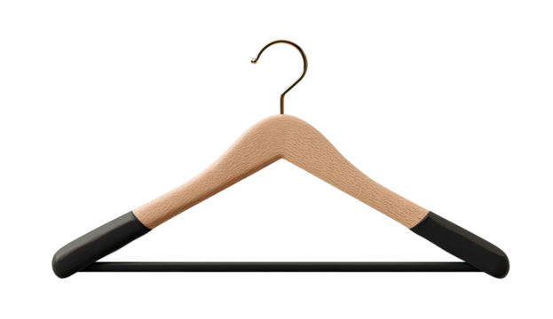 A light beige wooden hanger with black tips.  Gold hook