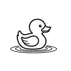 A simple black and white illustration of a rubber duck floating on water.