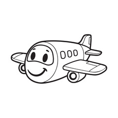 Cartoon airplane with a friendly face, outlined in black ink on a white background, ready for coloring.