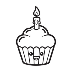 A charming black and white illustration of a happy cupcake with a lit candle on top, featuring a cute face.
