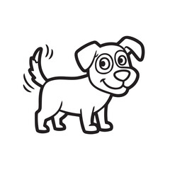 Happy cartoon puppy, wagging tail, simple line art, black and white.