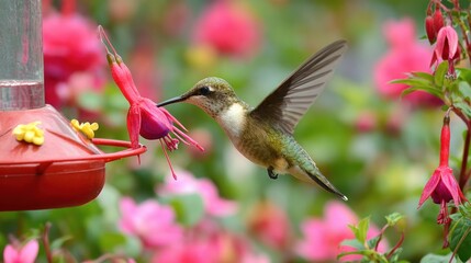 Fototapeta premium Hummingbird at feeder amidst flowers