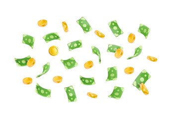 Falling money. 3D cartoon gold coins and green paper currency. Jackpot, win, Financial success concept. Casino profit. Vector illustration