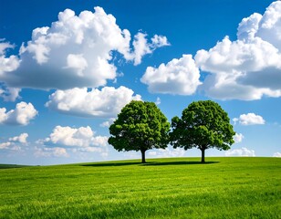 Obraz premium Idyllic landscape featuring lush green field, pair of trees, and blue sky dotted with fluffy clouds