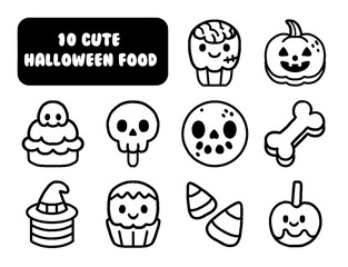 Halloween sweet treats coloring page. line candies, spooky lollipops, cupcake, eye, candy corn, witch finger. Flat cartoon vector illustration isolated on white background