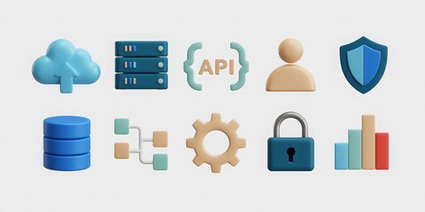 Set of 10 3D web development and database icons on a white background, ideal for tech websites, software development services, and cloud computing presentations