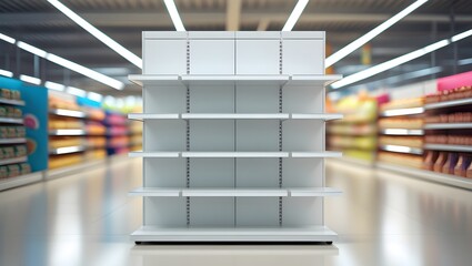 Empty Modern Supermarket Gondola Shelf Display in Bright Aisles