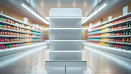 Modern Empty Supermarket Display Shelf, Clean Minimalist Design, Bright Retail Aisles Background