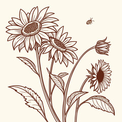 Hand Drawn Vintage Sunflower Vector with Butterflies – Rustic Botanical Clipart