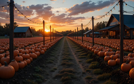 Festive Fall Evening: A Charming Pumpkin Farm with String Lights at Dusk