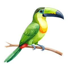 Fototapeta premium Colorful Green Toucan Perched on Branch with Large Beak Illustration