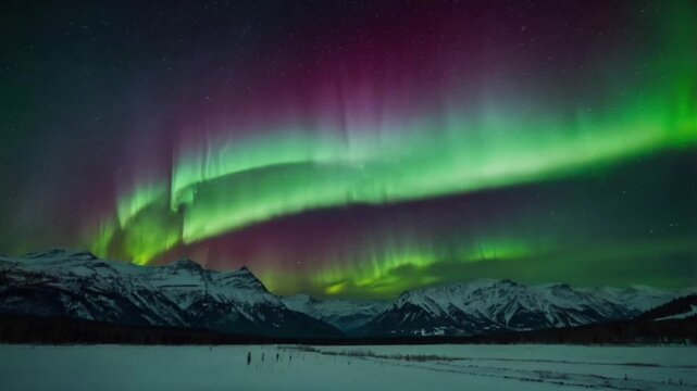 rainbA stunning view of the aurora borealis (northern lights) in the dark night sky. The sky is dotted with streamers of green, purple, and pink light, creating a dramatic and surow over the mountains