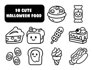 Halloween sweet treats coloring page. line candies, spooky lollipops, cupcake, eye, candy corn, witch finger. Flat cartoon vector illustration isolated on white background