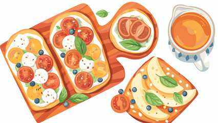 Overhead view of various bruschetta with tomatoes, mozzarella, and basil on wooden boards and a pitcher