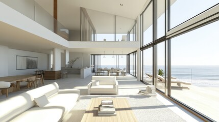 Fototapeta premium Open-plan living space with panoramic ocean views.