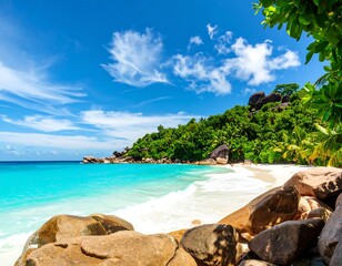 Idyllic tropical beach landscape with turquoise sea and lush vegetation