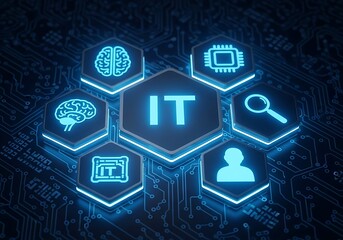 Fototapeta premium It concept with icons for brain, search, and user on circuit board