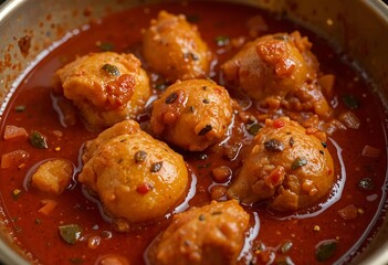 Macro photo of red curry with tender chicken pieces, visible spices and oil separation, served in brass bowl.