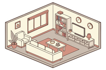 House room isometric location. Isolated furniture and home accessories. Sofa, armchair, living room table with chairs, decoration, vector constructor 