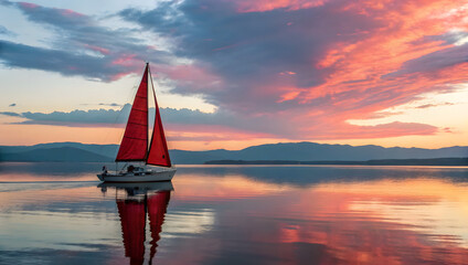 Red-Sailed Boat on Sunset Lake with Reflection