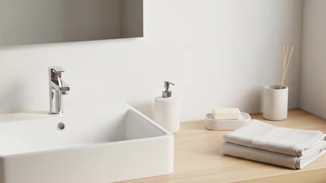 Modern bathroom interior featuring a square sink, chrome faucet, and minimalist decor on a light wood countertop
