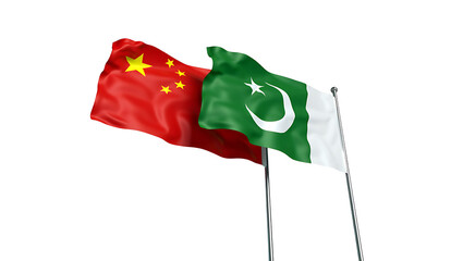 Flags of Pakistan and China friendship flag waving on the sky with beautiful sun light. generative ai