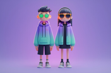 3D Render of Two Characters in Casual Outfits Against a Purple Background