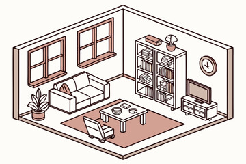 House room isometric location. Isolated furniture and home accessories. Sofa, armchair, living room table with chairs, decoration, vector constructor 